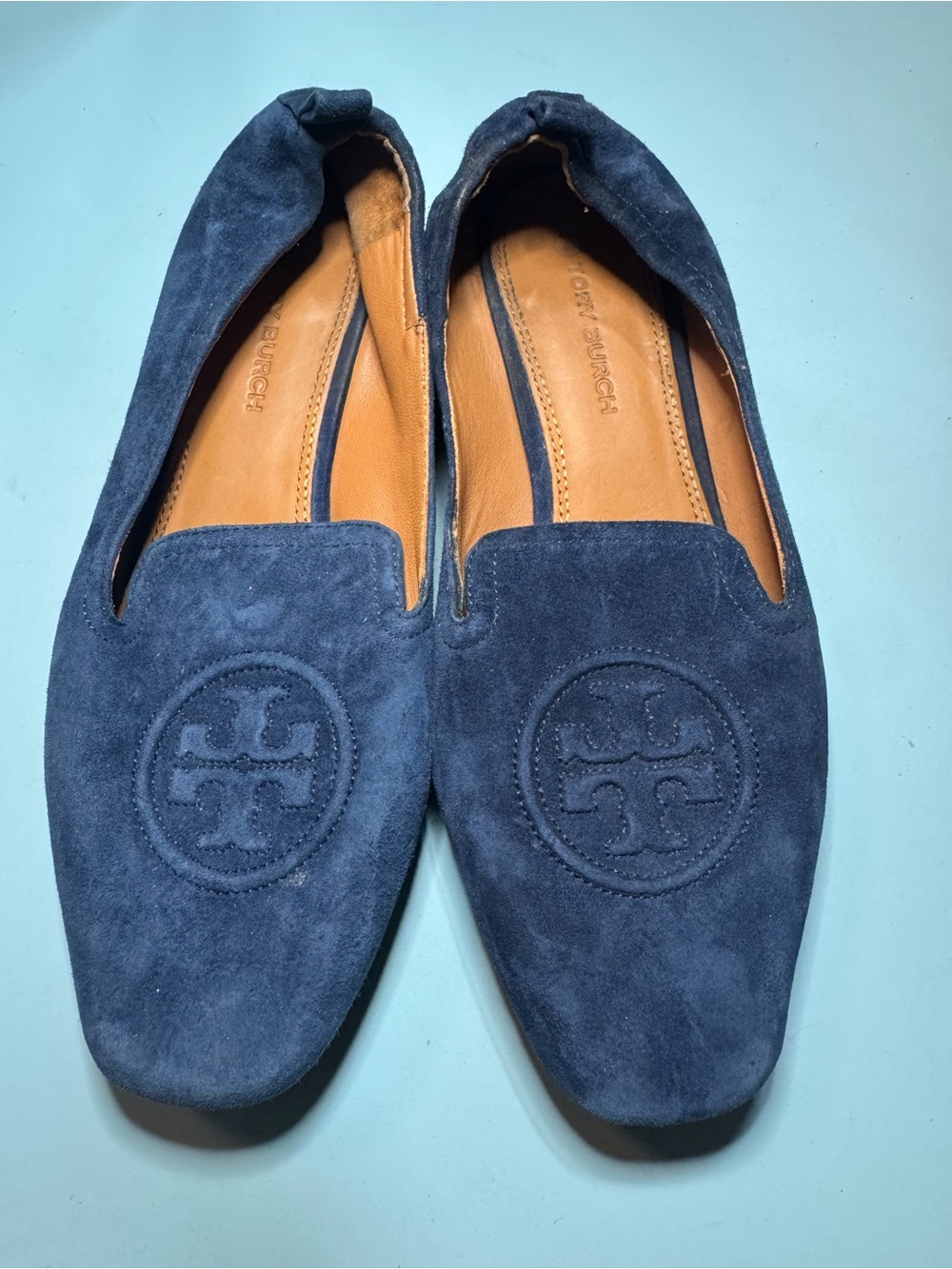 Tory Burch Navy Suede Logo Loafers